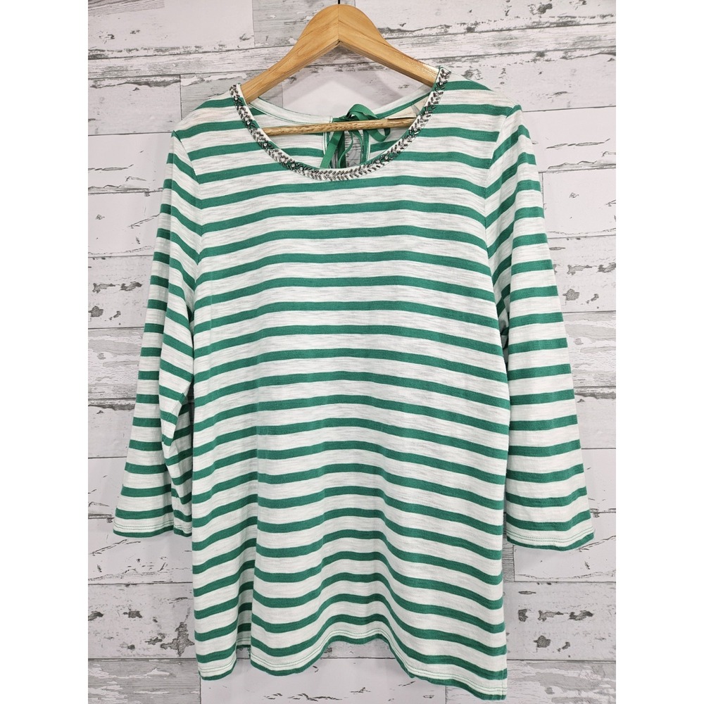 Chicos Womens 3 Xlarge Green White Striped 3/4 Sleeve Top Beaded Neck